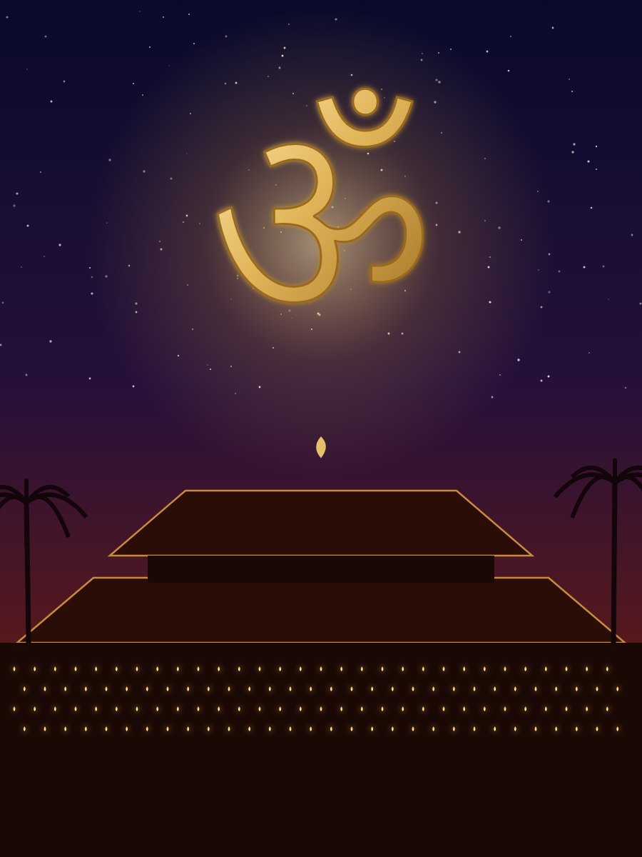 Mahaganapathy watching over a lamp-lit town temple at dusk